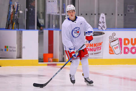 NEW YORK, NY – JUNE 29: New York Rangers Defenseman Nils Lundkvist (64) skates during New York Rangers Prospect Development Camp on June 29, 2018 at the MSG Training Center in New York, NY. (Photo by Rich Graessle/Icon Sportswire via Getty Images)