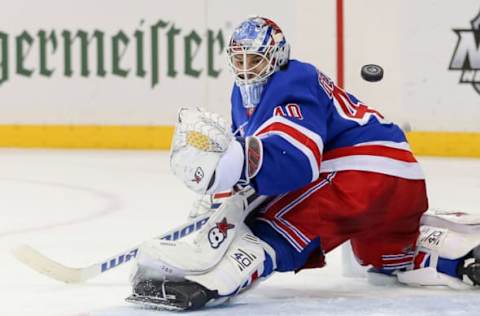 NEW YORK, NY – FEBRUARY 23: New York Rangers Goalie Alexandar Georgiev (40) kicks a shot just wide of the net during the third period of the National Hockey League game between the New Jersey Devils and the New York Rangers on February 23, 2019 at Madison Square Garden in New York, NY. (Photo by Joshua Sarner/Icon Sportswire via Getty Images)