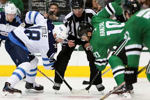 DALLAS, TX – NOVEMBER 06: Winnipeg Jets Center Bryan Little (18) and Dallas Stars Center Martin Hanzal (10) face off during the NHL game between the Winnipeg Jets and Dallas Stars on November 6, 2017 at American Airlines Center in Dallas, TX. (Photo by Andrew Dieb/Icon Sportswire via Getty Images)