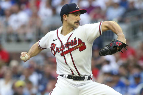 Jun 26, 2022; Atlanta, Georgia, USA; Atlanta Braves starting pitcher Spencer Strider (65) throws against the Los Angeles Dodgers in the second inning at Truist Park. Mandatory Credit: Brett Davis-USA TODAY Sports