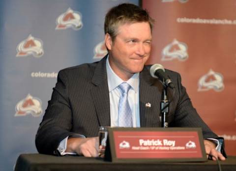 May 28 2013; Denver, CO, USA; Colorado Avalanche head coach Patrick Roy speaks at a press conference held at the Pepsi Center. Mandatory Credit: Ron Chenoy-USA TODAY Sports