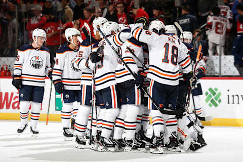 NEWARK, NJ- OCTOBER 10: The Edmonton Oilers react after defeating the New Jersey Devils in a shoot-out during the game on October 10, 2019 at Prudential Center in Newark, New Jersey. The Oilers defeated the Devils 4-3. (Photo by Andy Marlin/NHLI via Getty Images)