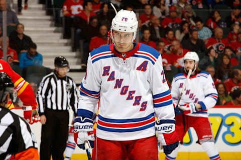 CALGARY, AB – MARCH 15: Chris Kreider #20 of the New York Rangers skates against the Calgary Flames during an NHL game on March 15, 2019 at the Scotiabank Saddledome in Calgary, Alberta, Canada. (Photo by Gerry Thomas/NHLI via Getty Images)