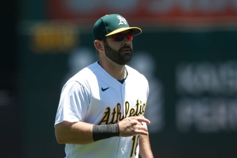 OAKLAND, CALIFORNIA – JUNE 12: Mitch Moreland #18 of the Oakland Athletics looks on before the game against the Kansas City Royals at RingCentral Coliseum on June 12, 2021 in Oakland, California. (Photo by Lachlan Cunningham/Getty Images)