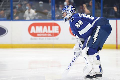 Jul 7, 2021; Tampa, Florida, USA; Tampa Bay Lightning goaltender Andrei Vasilevskiy (88) looks on during the first period against the Montreal Canadiens in game five of the 2021 Stanley Cup Final at Amalie Arena. Mandatory Credit: Kim Klement-USA TODAY Sports