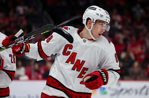 WASHINGTON, DC – MARCH 28: Martin Necas #88 of the Carolina Hurricanes celebrates after scoring a goal against the Washington Capitals during the first period of the game at Capital One Arena on March 28, 2022 in Washington, DC. (Photo by Scott Taetsch/Getty Images)