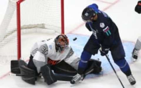 Sep 8, 2016; Quebec City, Quebec, Canada; Team North America goalie Matt Murray (30) makes a save against Team Europe forward Anze Kopitar (11) during the third period of the World Cup of Hockey pre-tournament game at Videotron Centre. Mandatory Credit: Jean-Yves Ahern-USA TODAY Sports