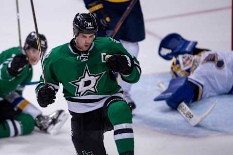 May 1, 2016; Dallas, TX, USA; Dallas Stars left wing Jamie Benn (14) celebrates a scored goal against St. Louis Blues goalie Brian Elliott (1) during game two of the first round of the 2016 Stanley Cup Playoffs at the American Airlines Center. The Blues win 4-3 in overtime. Mandatory Credit: Jerome Miron-USA TODAY Sports