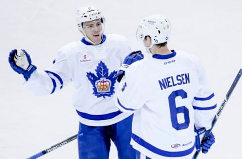 TORONTO, ON – DECEMBER 26 – Andreas Johnsson (left) congratulates Andrew Nielsen on his goal during the 1st period of AHL action as the Toronto Marlies host the Belleville Senators at the Air Canada Centre on December 26, 2017. (Carlos Osorio/Toronto Star via Getty Images)