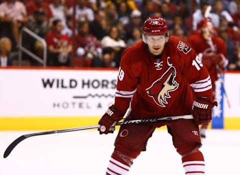 Nov 11, 2014; Glendale, AZ, USA; Arizona Coyotes right wing Shane Doan (19) against the Dallas Stars at Gila River Arena. The Stars defeated the Coyotes 4-3. Mandatory Credit: Mark J. Rebilas-USA TODAY Sports