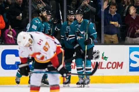 Dec 20, 2016; San Jose, CA, USA; San Jose Sharks right wing Joonas Donskoi (27) celebrates scoring against the Calgary Flames in the second period at SAP Center at San Jose. Mandatory Credit: John Hefti-USA TODAY Sports