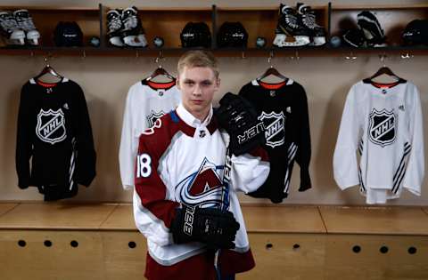 DALLAS, TX – JUNE 23: Nikolai Kovalenko poses for a portrait after being selected 171st overall by the Colorado Avalanche during the 2018 NHL Draft at American Airlines Center on June 23, 2018 in Dallas, Texas. (Photo by Jeff Vinnick/NHLI via Getty Images)