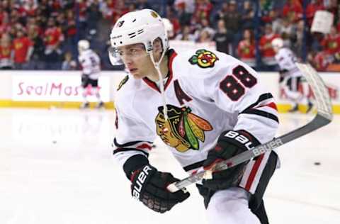 Apr 9, 2016; Columbus, OH, USA; Chicago Blackhawks right wing Patrick Kane (88) against the Columbus Blue Jackets at Nationwide Arena. The Blue Jackets won 5-4 in overtime. Mandatory Credit: Aaron Doster-USA TODAY Sports