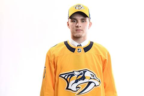 CHICAGO, IL – JUNE 24: Grant Mismash poses for a portrait after being selected 61st overall by the Nashville Predators during the 2017 NHL Draft at the United Center on June 24, 2017 in Chicago, Illinois. (Photo by Stacy Revere/Getty Images)