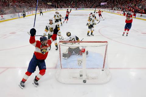 Matthew Tkachuk #19 of the Florida Panthers celebrate the game-winning goal  (Photo by Bruce Bennett/Getty Images)