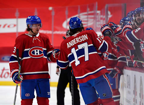 Jan 28, 2021; Montreal, Quebec, CAN; Montreal Canadiens Josh Anderson and Tyler Toffoli. Mandatory Credit: Eric Bolte-USA TODAY Sports