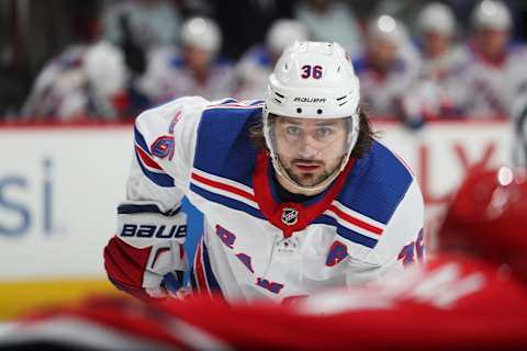 RALEIGH, NC – MARCH 31: Mats Zuccarello #36 of the New York Rangers prepares for a face off during an NHL game against the Carolina Hurricanes on March 31, 2018 at PNC Arena in Raleigh, North Carolina. (Photo by Gregg Forwerck/NHLI via Getty Images)