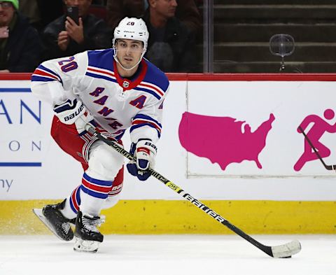 CHICAGO, ILLINOIS – FEBRUARY 19: Chris Kreider #20 of the New York Rangers looks to pass against the Chicago Blackhawks at the United Center on February 19, 2020 in Chicago, Illinois. The Rangers defeated the Blackhawks 6-3. (Photo by Jonathan Daniel/Getty Images)