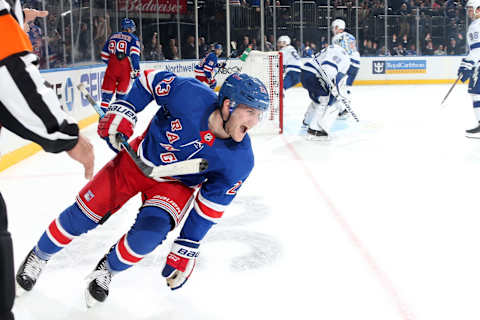 NEW YORK, NY – OCTOBER 29: Adam Fox #23 of the New York Rangers reacts after scoring the first goal of his NHL career in the third period against the Tampa Bay Lightning at Madison Square Garden on October 29, 2019 in New York City. (Photo by Jared Silber/NHLI via Getty Images)