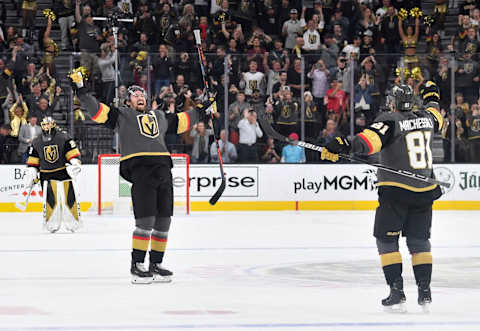 LAS VEGAS, NEVADA – OCTOBER 17: Mark Stone #61 and Jonathan Marchessault #81 of the Vegas Golden Knights celebrate after defeating the Ottawa Senators in a shootout at T-Mobile Arena on October 17, 2019 in Las Vegas, Nevada. (Photo by Jeff Bottari/NHLI via Getty Images)