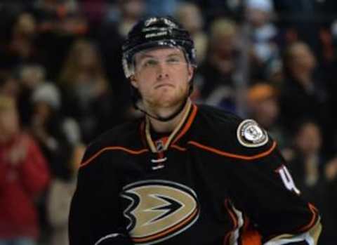 Dec 11, 2015; Anaheim, CA, USA; Anaheim Ducks defenseman Cam Fowler (4) reacts during an NHL hockey game against the Carolina Hurricanes at the Honda Center. Mandatory Credit: Kirby Lee-USA TODAY Sports