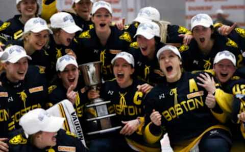 BOSTON, MASSACHUSETTS – MARCH 27: The Boston Pride celebrate after defeating the Minnesota Whitecaps 4-3 in the NWHL Isobel Cup Championship at Warrior Ice Arena on March 27, 2021 in Boston, Massachusetts. (Photo by Maddie Meyer/Getty Images)