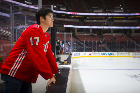 ANAHEIM, CA – JANUARY 23: Los Angeles Angels pitcher, Shohei Ohtani waits for the start of the game between the Anaheim Ducks and the St. Louis Blues on January 23, 2019 at Honda Center in Anaheim, California. (Photo by Debora Robinson/NHLI via Getty Images)