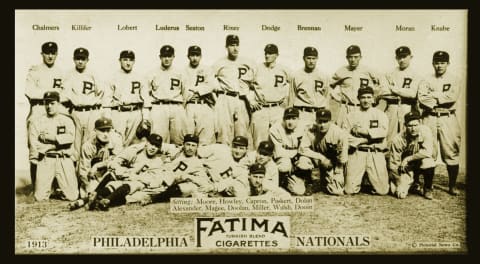 PHILADELPHIA – 1913: The Philadelphia Phillies pose for their team portrait for the 1913 season, issued as a tobacco card for Fatima Cigarettes. The team features Hall of Famer Grover Cleveland Alexander and Eppa Rixey. (Photo by Mark Rucker/Transcendental Graphics/Getty Images)