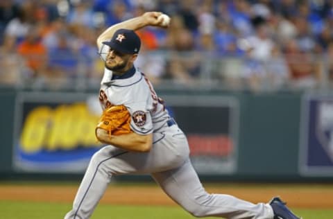 Jun 8, 2017; Kansas City, MO, USA; Houston Astros starting pitcher Lance McCullers Jr. (43) pitches against the Kansas City Royals in the sixth inning at Kauffman Stadium. Mandatory Credit: Jay Biggerstaff-USA TODAY Sports