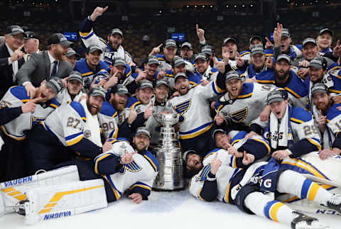 BOSTON, MASSACHUSETTS – JUNE 12: The St. Louis Blues celebrate after defeating the Boston Bruins . (Photo by Patrick Smith/Getty Images)