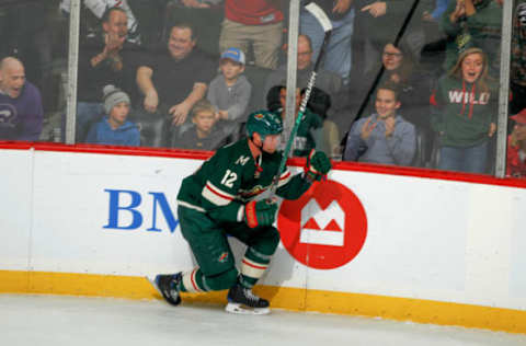 SAINT PAUL, MN – OCTOBER 22: Eric Staal #12 of the Minnesota Wild celebrates after scoring a goal against the Edmonton Oilers during the game at the Xcel Energy Center on October 22, 2019, in Saint Paul, Minnesota. (Photo by Bruce Kluckhohn/NHLI via Getty Images)