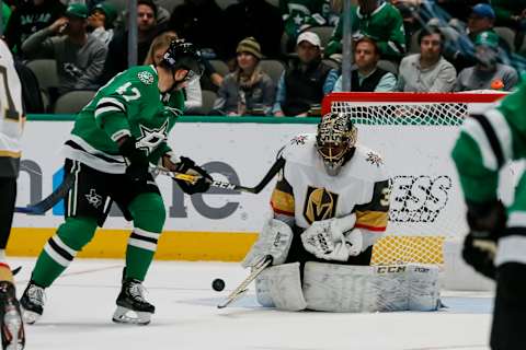 DALLAS, TX – NOVEMBER 25: Vegas Golden Knights goaltender Malcolm Subban (30) blocks a shot from Dallas Stars right wing Alexander Radulov (47) during the game between the Dallas Stars and the Vegas Golden Knights on November 25, 2019 at American Airlines Center in Dallas, Texas. (Photo by Matthew Pearce/Icon Sportswire via Getty Images)