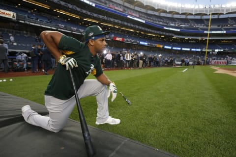 NEW YORK, NY – OCTOBER 3: Khris Davis #2 of the Oakland Athletics kneels on the field prior to the game against the New York Yankees in the American League Wild Card Game at Yankee Stadium on October 3, 2018 New York, New York. The Yankees defeated the Athletics 7-2. Zagaris/Oakland Athletics/Getty Images)