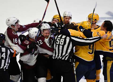 NASHVILLE, TN – APRIL 12: The Colorado Avalanche and the Nashville Predators clash seconds after the Predators won 5-2 the first game of round one of the Stanley Cup Playoffs at Bridgestone Arena April 12, 2018. (Photo by Andy Cross/The Denver Post via Getty Images)