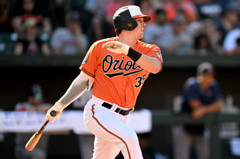 BALTIMORE, MARYLAND – AUGUST 20: Adley Rutschman #35 of the Baltimore Orioles bats against the Boston Red Sox at Oriole Park at Camden Yards on August 20, 2022 in Baltimore, Maryland. (Photo by G Fiume/Getty Images)