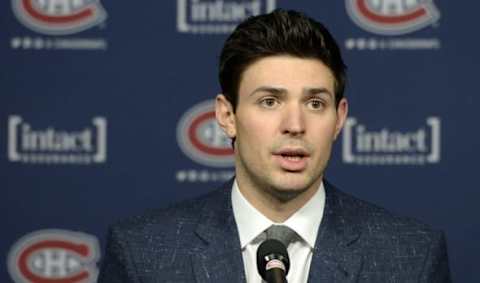 Dec 15, 2015; Montreal, Quebec, CAN; 2015 Montreal Canadiens goalie Carey Price gives a press conference after receiving the 2015 Lou Marsh Memorial Award as the Canadian Athlete of the Year before the game between the San Jose Sharks and the Montreal Canadiens at the Bell Centre. Mandatory Credit: Eric Bolte-USA TODAY Sports