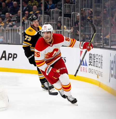 BOSTON, MA – NOVEMBER 21: Noah Hanifin #55 of the Calgary Flames celebrates his goal against the Boston Bruins during the second period at the TD Garden on November 21, 2021, in Boston, Massachusetts. (Photo by Rich Gagnon/Getty Images)