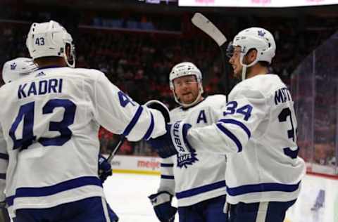 DETROIT, MI – OCTOBER 11: Auston Matthews #34 of the Toronto Maple Leafs celebrates his third period goal with Nazem Kadri #43 and Morgan Rielly #44 while playing the Detroit Red Wings at Little Caesars Arena on October 11, 2018 in Detroit, Michigan. Toronto won the game 4-3. (Photo by Gregory Shamus/Getty Images)