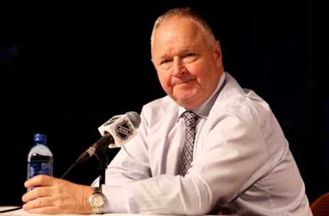 ANAHEIM, CA – APRIL 14: Head coach Randy Carlyle of the Anaheim Ducks talks during a post-game interview following Game Two of the Western Conference First Round against the San Jose Sharks during the 2018 NHL Stanley Cup Playoffs at Honda Center on April 14, 2018, in Anaheim, California. (Photo by Debora Robinson/NHLI via Getty Images)