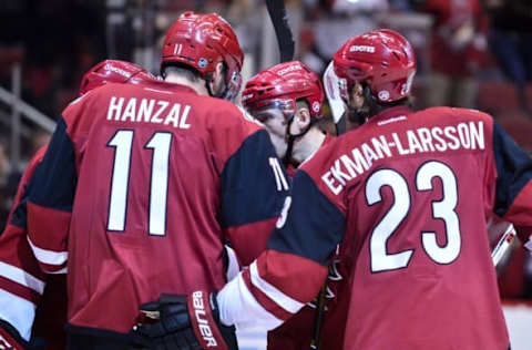 NHL Power Rankings: Arizona Coyotes center Martin Hanzal (11) celebrates with defenseman Oliver Ekman-Larsson (23) and teammates after scoring a goal in the second period against the Edmonton Oilers at Gila River Arena. Mandatory Credit: Matt Kartozian-USA TODAY Sports