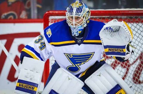 Oct 22, 2016; Calgary, Alberta, CAN; St. Louis Blues goalie Jake Allen (34) guards his net during the warmup period against Calgary Flames at Scotiabank Saddledome. Mandatory Credit: Sergei Belski-USA TODAY Sports