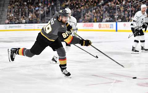 LAS VEGAS, NEVADA – JANUARY 09: Alex Tuch #89 of the Vegas Golden Knights shoots the puck during the third period against the Los Angeles Kings at T-Mobile Arena on January 09, 2020 in Las Vegas, Nevada. (Photo by Jeff Bottari/NHLI via Getty Images)