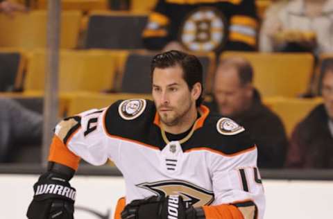 BOSTON, MA – JANUARY 30: Adam Henrique #14 of the Anaheim Ducks warms up before the game against the Boston Bruins at the TD Garden on January 30, 2018. (Photo by Steve Babineau/NHLI via Getty Images)