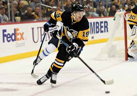 PITTSBURGH, PA – OCTOBER 08: Jared McCann #19 of the Pittsburgh Penguins s  (Photo by Justin Berl/Getty Images)