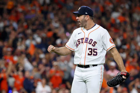 Oct 19, 2022; Houston, Texas, USA; Houston Astros starting pitcher Justin Verlander (35) reacts after striking out Houston Astros second baseman Jose Altuve (not pictured) to end the sixth inning in game one of the ALCS for the 2022 MLB Playoffs at Minute Maid Park. Mandatory Credit: Troy Taormina-USA TODAY Sports