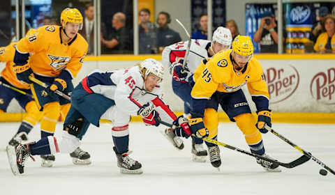 NASHVILLE, TN – SEPTEMBER 8: Axel Jonsson-Fjallby #45 of the Washington Capitals battles for the puck against Alexandre Carrier #45 of the Nashville Predators during an NHL Prospects game at Ford Ice Center on September 8, 2019 in Antioch, Tennessee. (Photo by John Russell/NHLI via Getty Images)