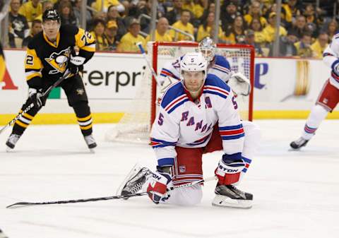 PITTSBURGH, PA – APRIL 13: Dan Girardi #5 of the New York Rangers in action in Game One of the Eastern Conference First Round during the 2016 NHL Stanley Cup Playoffs against the Pittsburgh Penguins at Consol Energy Center on April 13, 2016 in Pittsburgh, Pennsylvania. (Photo by Justin K. Aller/Getty Images)