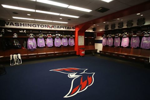 Nov 5, 2016; Washington, DC, USA; A general view of Hockey Fights Cancer themed warm up jerseys hanging in the Washington Capitals locker room as part of Hockey Fights Cancer Night prior to their game against the Florida Panthers at Verizon Center. Mandatory Credit: Geoff Burke-USA TODAY Sports