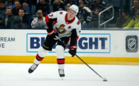 COLUMBUS, OH – FEBRUARY 24: Brady Tkachuk #7 of the Ottawa Senators controls the puck during the game against the Columbus Blue Jackets on February 24, 2020, atNationwide Arena in Columbus, Ohio. Columbus defeated Ottawa 4-3 in overtime. (Photo by Kirk Irwin/Getty Images)