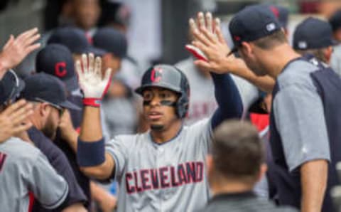 CHICAGO, IL – JUNE 14: Cleveland Indians shortstop Francisco Lindor (12) celebrates in the dugout with teammates after hitting a home run during a game between the Cleveland Indians and the Chicago White Sox on June 14, 2018, at Guaranteed Rate Field in Chicago, IL. (Photo by Patrick Gorski/Icon Sportswire via Getty Images)